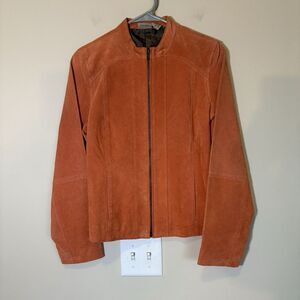 Ruff Hewn Women's Orange Leather Long Sleeve Pocketed Full Zip Jacket Medium‎